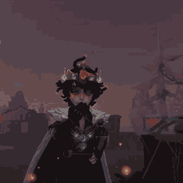 a person with a crown on their head and a necklace around their neck
