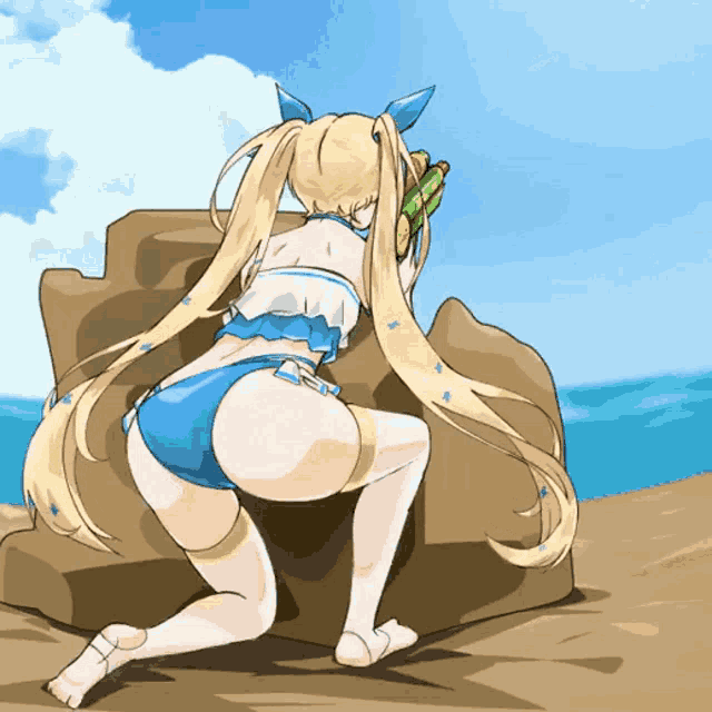 a cartoon drawing of a girl in a bikini kneeling on the beach