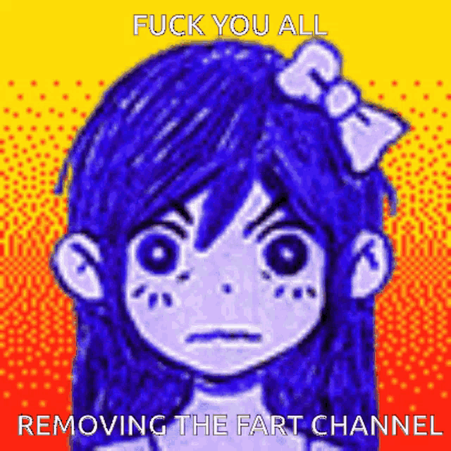 a drawing of a girl with blue hair and a bow on her head with the words " fuck you all removing the fart channel "