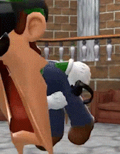 a cartoon character is kneeling down in front of a brick wall in a room .
