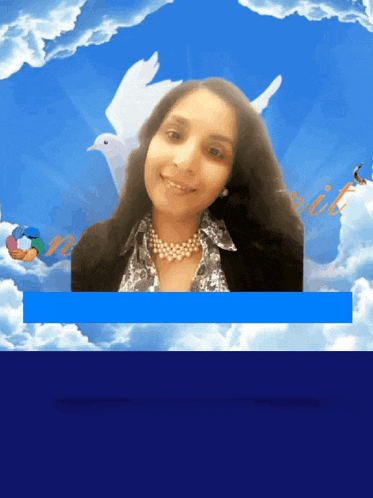 a woman with a pearl necklace is smiling in front of a blue sky and clouds