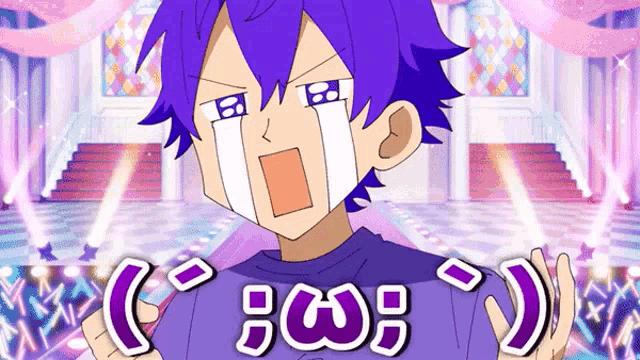 a cartoon of a boy with purple hair holding a sign that says ' bob ' on it