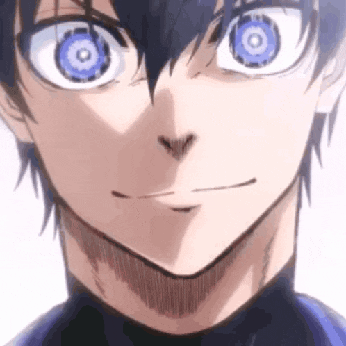 a close up of a person 's face with blue eyes and a smile .