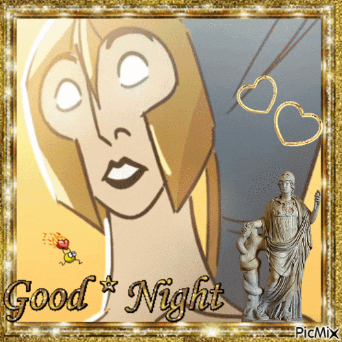 a picture of a statue with the words good night written on it