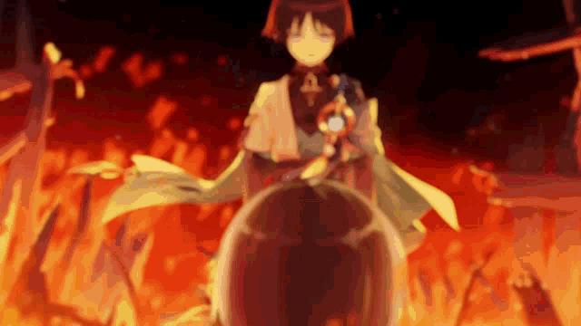a person is standing in front of a fire in a video game .