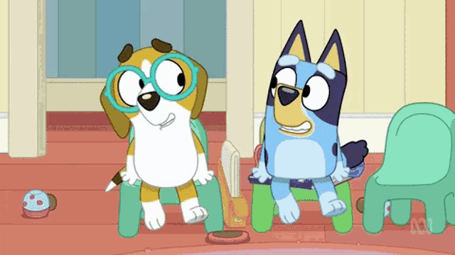 two cartoon dogs wearing glasses are standing next to one another