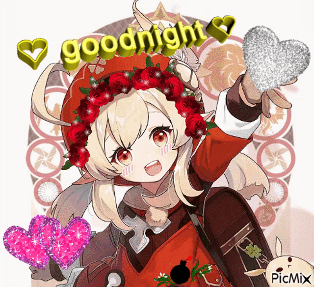 a picture of a girl with a flower crown on her head and the words goodnight
