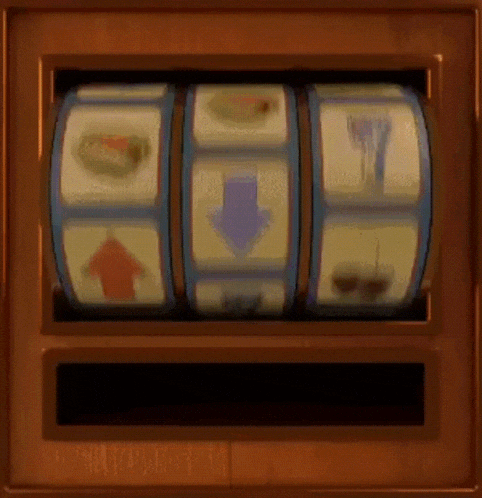 a slot machine is spinning in a wooden box with icons on it .