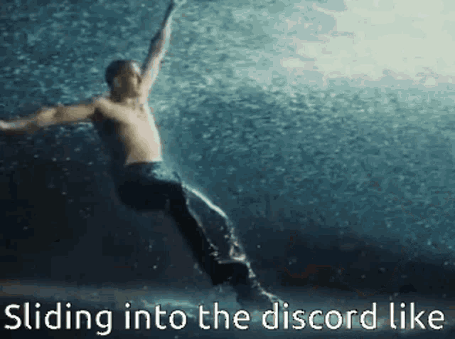 a man without a shirt is sliding into the discord like a mermaid