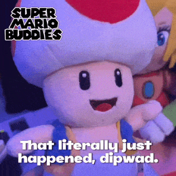 a stuffed toad with super mario buddies written on the bottom