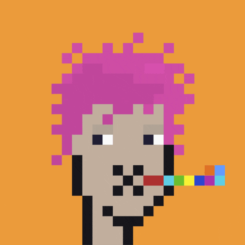 a pixel art drawing of a person with pink hair and a speech bubble that says gm