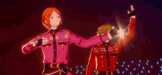 a couple of anime characters are standing next to each other in a dark room .