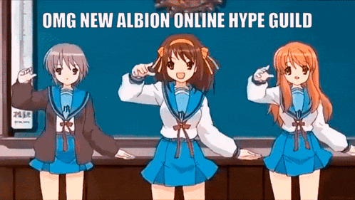 three anime girls are dancing in front of a chalkboard with the words omg new albion online hype guild