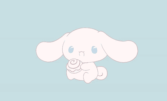 a cartoon drawing of a white bunny eating a cupcake