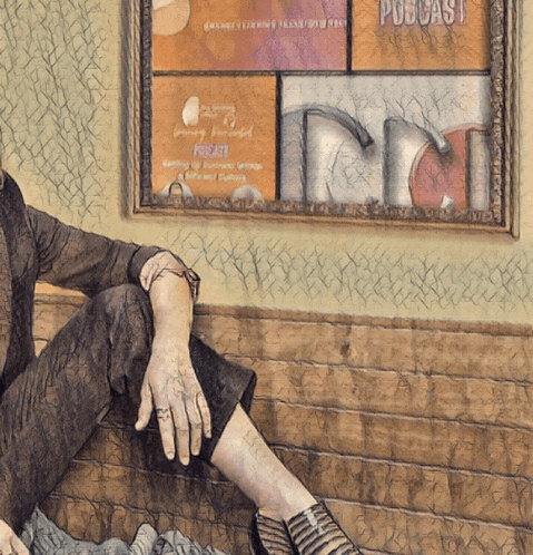 a painting of a woman sitting in front of a window with the word podcast on it