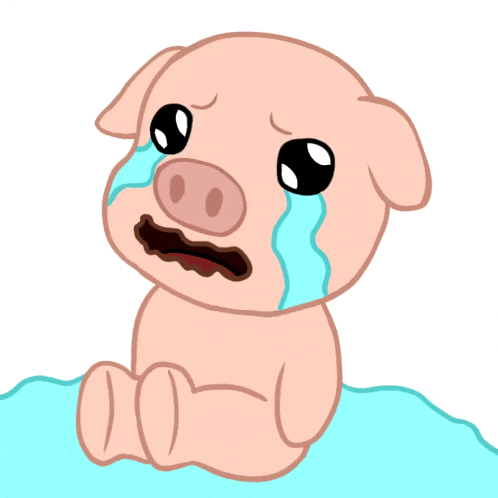 a cartoon pig is crying while sitting on a blue surface