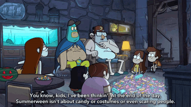 a group of cartoon characters are gathered around a table with candy in the background