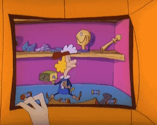 a picture of a cartoon character in a room with toys on a shelf