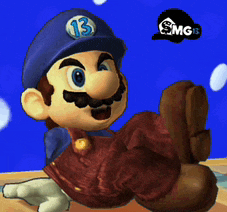 a cartoon of mario wearing a blue hat with the number 13 on it