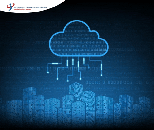 an advertisement for impresico business solutions shows a cloud connected to a city