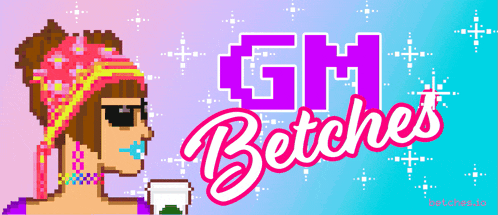 a pixel art advertisement for gm betches with a woman holding a cup