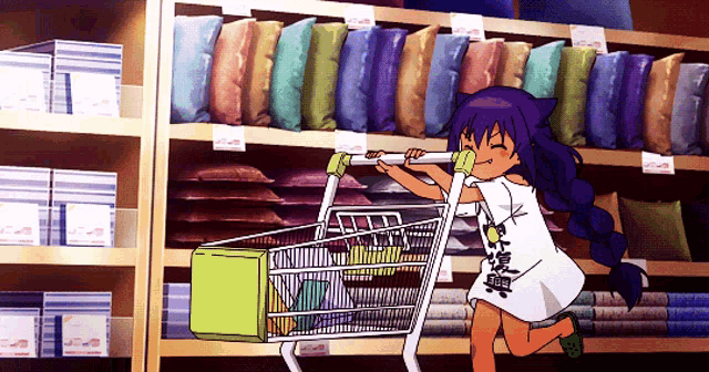 a girl pushes a shopping cart in a store