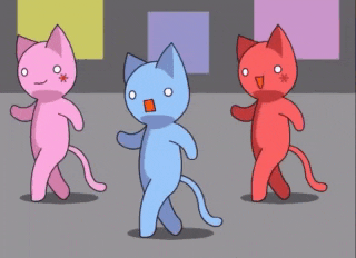 three cartoon cats in pink blue and red are dancing in a room