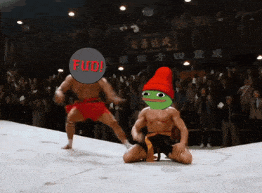 a man in a red hat is kneeling down in front of a sign that says fud on it