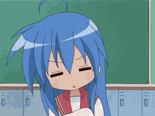 a cartoon girl with blue hair is standing in front of a blackboard