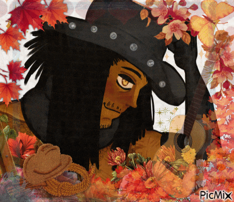 a painting of a man with long hair and a cowboy hat holding a guitar with a picmix watermark