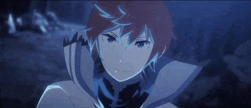 a close up of a anime character with red hair and a white coat .
