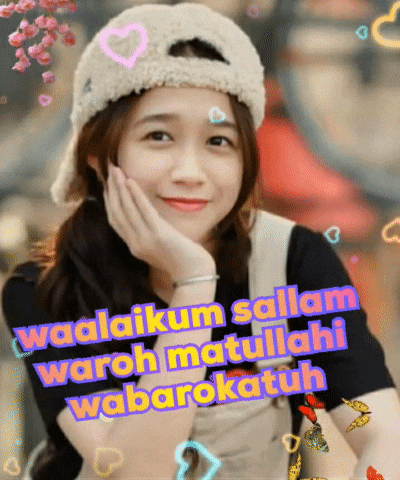 a girl wearing a hat is surrounded by hearts and the words waalaikum salam waroh matullahi wabarakatuh