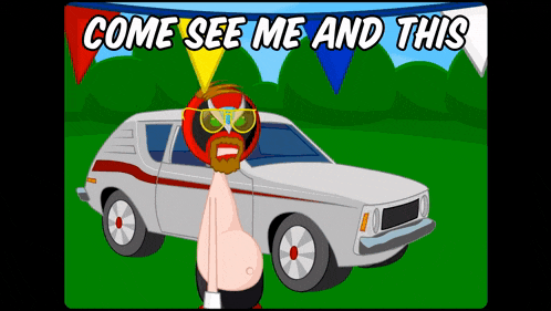 a cartoon of a man in a mask standing next to a car with the words come see me and this above him