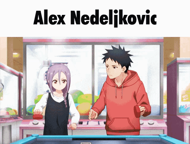 a man and a girl are playing a game with the name alex nedeljkovic written above them