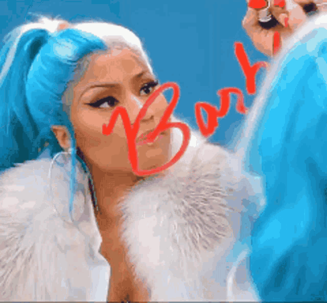 a woman with blue hair is wearing a white fur coat and has the word bomb written on her face