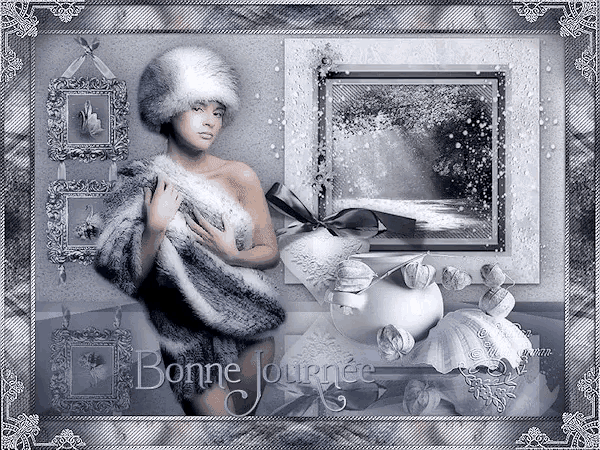 a picture of a woman in a fur coat with the words bonne journee below her