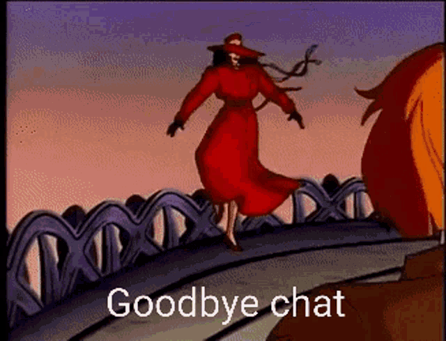 a cartoon of a woman in a red dress dancing on a bridge with the words goodbye chat above her
