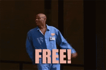 a man in a blue jumpsuit says free in pink