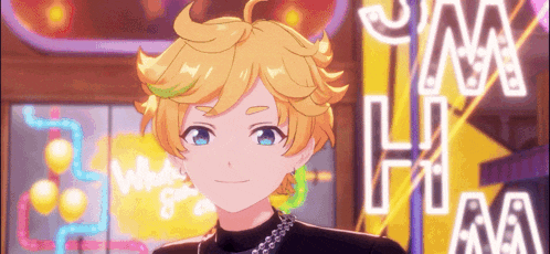 a boy with yellow hair and blue eyes is standing in front of a neon sign that says jam jam .