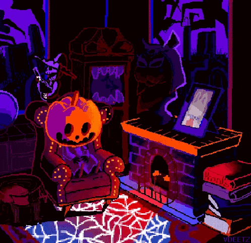 a pixel art of a pumpkin sitting in a chair next to a fireplace