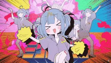 a group of anime characters are dancing in front of a sign that says ' j ' on it
