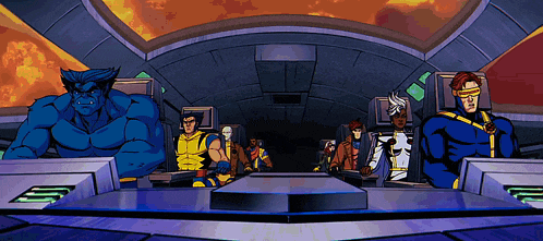 a group of cartoon characters including wolverine storm cyclops and beast are sitting at a table