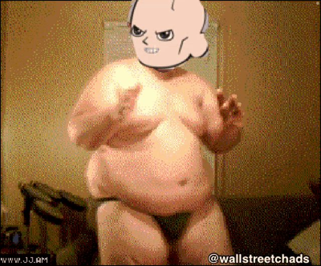 a pixelated image of a shirtless man with a cartoon character on his head and the words wallstreetchasds on the bottom