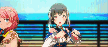 two anime girls are standing next to each other with one holding a microphone .