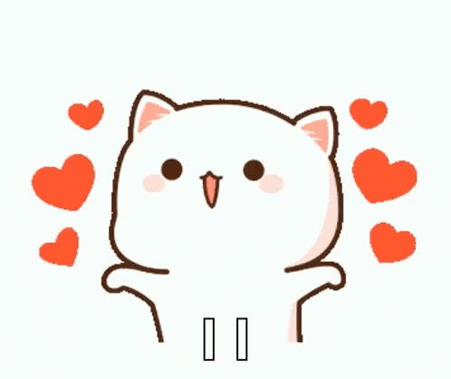 a cartoon cat is surrounded by red hearts and has a big smile on its face .