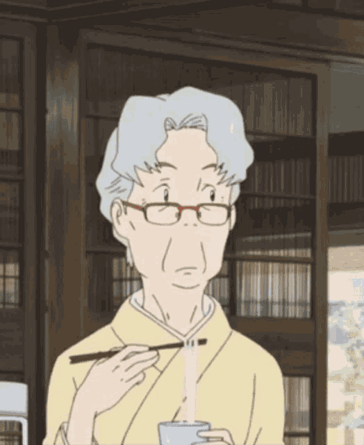 a cartoon drawing of an elderly woman with glasses holding a cup and chopsticks