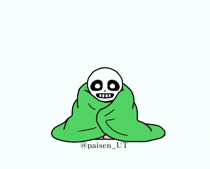 a cartoon of sans laying on the ground with a green bag on his head .