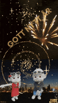 two cartoon characters are dancing in front of a fireworks display with the words gott nytt ar above them