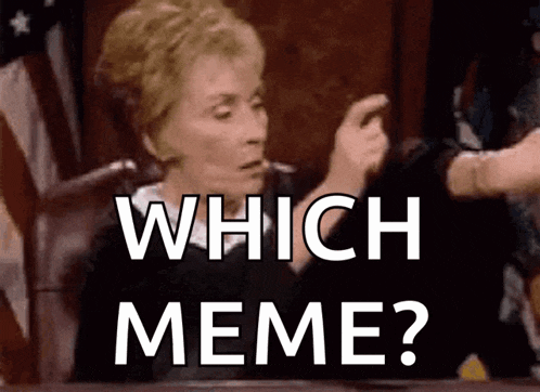 a woman is sitting at a table with the words " which meme " on the top