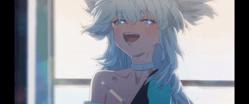a close up of a girl with white hair and blue eyes crying .